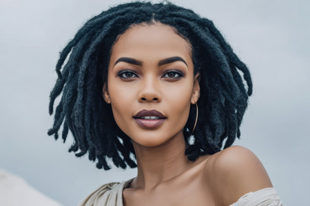 A young woman stands outdoors with a striking expression, her natural hair styled in locs. The cloudy sky serves as a soft backdrop, enhancing her beauty and poise.の素材