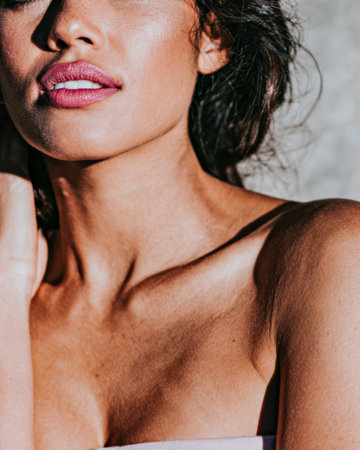 A woman poses gracefully, showcasing her natural beauty. Soft light accentuates her features, creating a warm atmosphere. She has a relaxed expression and a confident demeanor.の素材