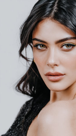 A woman with striking features poses in a soft, neutral background. Her long dark hair and subtle makeup highlight her graceful appearance. The serene expression adds to her charm.の素材