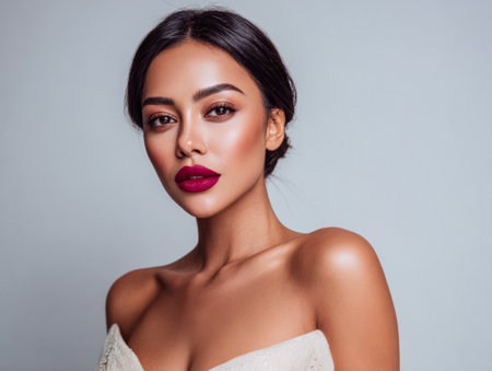 A woman is highlighted with bold red lips and soft eye makeup. She poses confidently against a light backdrop, showcasing her beauty and grace. The atmosphere is artistic and professional.の素材
