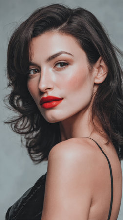 In an intimate studio atmosphere, a model with wavy hair showcases vibrant red lips while striking a confident pose. The focus is on her graceful features and natural elegance.の素材