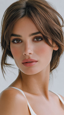 A young woman poses with a soft smile, showcasing her natural beauty. Her hair is styled loosely, and she wears minimal makeup against a neutral background.の素材