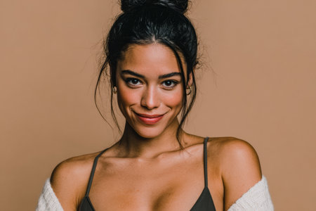 A young woman with long dark hair poses against a warm, neutral backdrop. She exudes confidence with a genuine smile, dressed casually in a simple outfit, creating a friendly, approachable vibe.の素材