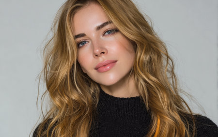 A young woman with beautiful blonde hair and striking blue eyes poses with a relaxed expression. She wears a dark sweater, exuding a warm and inviting vibe in a minimalist setting.の素材
