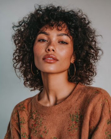 A young woman with curly hair and freckles stands confidently, wearing a warm sweater. The gentle lighting enhances her features, creating a serene atmosphere.の素材