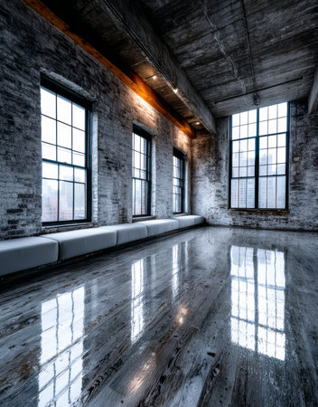 A spacious room features large windows allowing ample sunlight to enter, illuminating the polished wooden floor. The brick walls add charm to this urban space.の素材