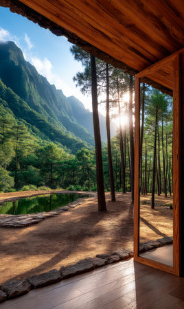 Sunlight filters through tall trees, illuminating a tranquil pond surrounded by lush mountains. The peaceful setting creates a perfect escape into nature at dusk.の素材