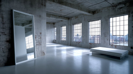 A spacious, minimalist room features large windows that fill the area with natural light. Concrete walls and a simple bed create a modern, industrial feel in an urban setting.の素材