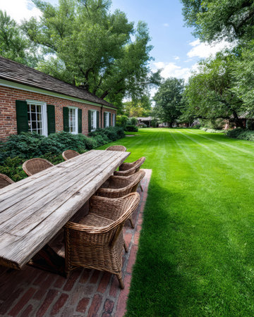A spacious garden features a long wooden table surrounded by wicker chairs. Sunlight brightens the green grass, offering a perfect spot for dining or relaxation.の素材