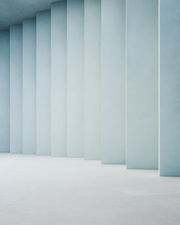 The space features tall vertical panels in shades of white, arranged neatly in a minimalistic design. The smooth floor adds to the calm and modern feel of the environment.の素材