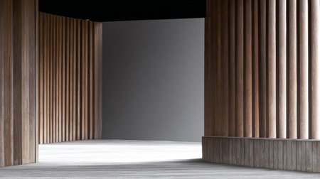 Wooden columns line a minimalist corridor, providing a calm atmosphere. The light from above highlights the texture of the wood and the simplicity of the design, making it inviting.の素材