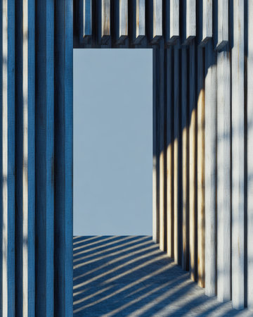 Vertical wooden slats form an open doorway, casting interesting shadows. Bright light shines through, creating a striking contrast with the wood's colors and textures.の素材