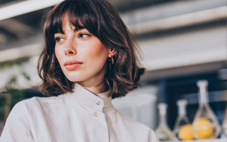 Woman looks to the side with a thoughtful expression while in a modern setting surrounded by glass containers. Bright lighting enhances the clean space.の素材