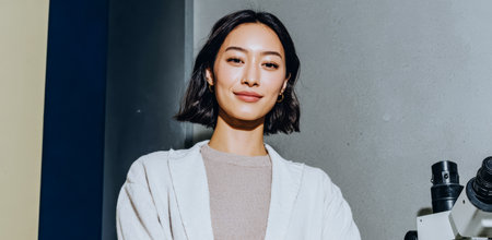 A young woman poses with a smile in a laboratory setting. She stands near a microscope and wears a simple outfit. The room has a clean, modern design and good lighting.の素材