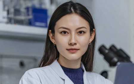A young scientist stands in a laboratory. She is focused and wearing a lab coat. Several lab instruments are visible in the background. Light enters the room.の素材