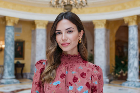 A woman poses confidently in a beautifully decorated area with tall columns and intricate lighting. She smiles as she enjoys a moment at a social gathering or event.の素材