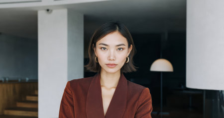 A woman stands with arms crossed in a modern room filled with natural light. She has short hair and wears simple earrings. The space has minimalist furniture and decor.の素材