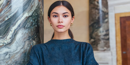 A model stands in front of tall marble columns in a historic building. Natural light fills the space as she poses with a calm expression, showcasing the architecture around her.の素材