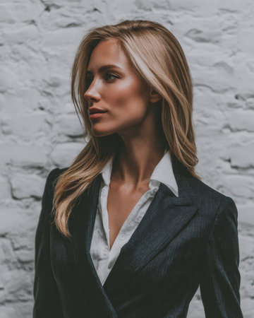 A business woman is posing in front of a gray brick wall. She is wearing a dark suit and has long hair. The setting has soft evening light creating a professional atmosphere.の素材