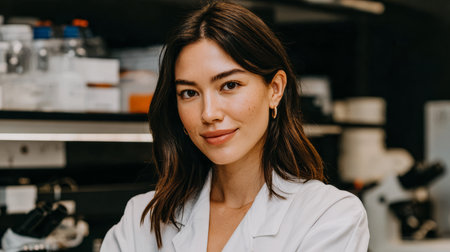 A scientist stands in a laboratory and looks at the camera. The background shows laboratory equipment and glassware. The scientist appears focused and engaged in research activities.の素材