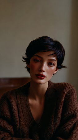 A woman sits quietly in a room. She has short hair and is wearing a brown sweater. Her gaze is directed toward the camera, showing a calm demeanor.の素材