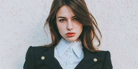 A woman poses against a plain wall in a black outfit paired with a light blue shirt. She has long hair and a serious expression. The setting appears to be outdoors in daylight.の素材