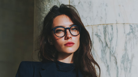 A woman stands against a marble wall in an urban area. She wears round glasses and a black outfit. Her hair is long and wavy. The sun shines brightly, creating shadows.の素材