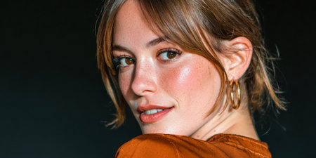 A young woman stands with her head turned slightly, showing her face. She has brown hair and wears hoop earrings. The background is dark, highlighting her features.の素材