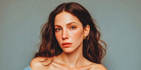 A model stands still while wearing simple clothing and jewelry. She has long hair and looks directly at the camera. Soft lighting highlights her features in the studio.の素材