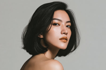 A woman poses in a studio. She has short black hair and looks directly at the camera. The background is plain and light. The scene captures her confident expression.の素材