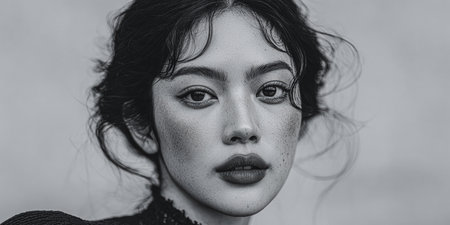 A woman stands with a serious expression, her dark hair slightly tousled. The focus is on her face, highlighting her features and skin. The background is soft and blurred.の素材