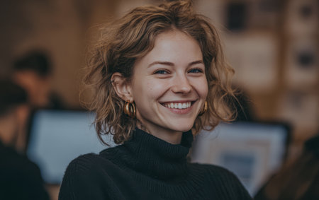 A woman with curly hair sits at a desk, smiling happily while looking at the camera. In the background, several people work on computers, creating a lively office scene.の素材