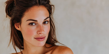 A woman stands facing the camera with a gentle smile. Her hair is slightly tousled, and she has minimal makeup. The background is light and simple, showcasing her features.の素材