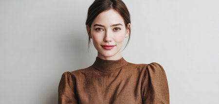 A woman stands in a studio setting, dressed in a brown top with puff sleeves. She looks directly at the camera with a slight smile.の素材
