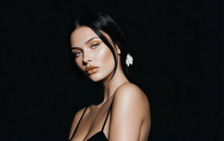 A model stands still in front of a dark backdrop. She has a simple flower in her hair and wears a black outfit. The lighting highlights her features during a studio session.の素材