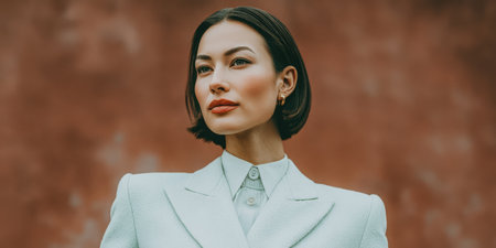 A model stands confidently in a white suit, looking off to the side. The background is a warm brown color, creating a strong contrast with the outfit. The setting appears to be outdoors.の素材