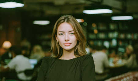 A young woman stands in a cafe with a neutral expression while several people work on laptops at tables in the background during evening hours. The atmosphere seems busy.の素材