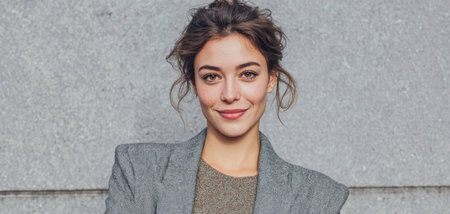 A woman stands in front of a gray wall wearing a blazer. She has a light smile and appears relaxed. Her hair is styled casually, and the setting suggests an urban area.の素材