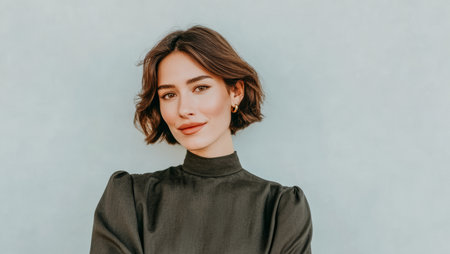 A woman stands in front of a light background. She has short hair and wears a dark top. Her expression is confident as she looks directly at the camera during a photoshoot.の素材