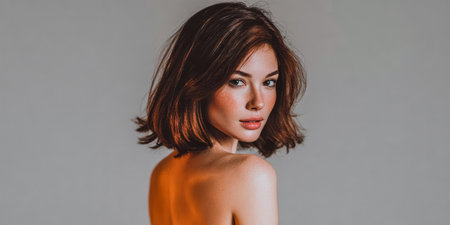 A woman with shoulder-length hair looks back over her shoulder. She poses in a neutral background. The lighting focuses on her face and hair during a studio session.の素材