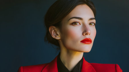 A young woman stands with a poised expression wearing a red suit. The background is dark, and the lighting highlights her features in a studio environment.の素材
