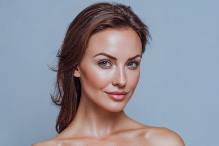 A woman looks directly at the camera with a confident expression. She has long brown hair and showcases natural beauty. The background is simple and neutral, focusing on her features.の素材