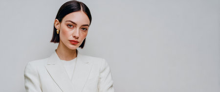 A woman stands with her arms crossed in a white suit in a studio. The background is plain. She has short hair and a serious expression. This scene depicts a fashion shoot.の素材