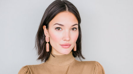 A woman stands with a gentle smile. She wears a brown top and large earrings. The background is simple and light, highlighting her features during the day.の素材