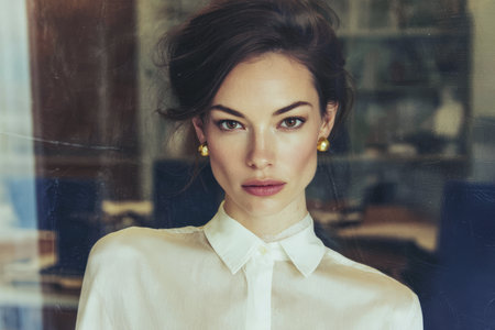 A woman stands in a modern office space. She looks directly at the camera with a serious expression. The background shows blurred office furniture.の素材