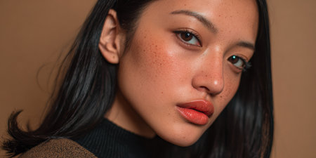 A young woman looks directly at the camera, showcasing her dark hair and freckles. She poses in front of a plain backdrop. The lighting highlights her facial features clearly.の素材