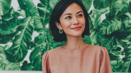 A young woman stands in an indoor space with green tropical plants behind her. She has a bright smile and is wearing a simple outfit. Sunlight fills the area.の素材