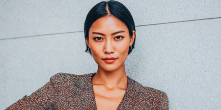 A woman stands confidently with her arms crossed. She has short black hair and wears a brown patterned blazer. The background is a simple gray wall.の素材