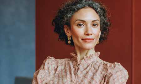 A woman stands in a room with soft light, looking directly at the camera. She has curly hair and wears a patterned top. The background is plain, creating focus on her.の素材