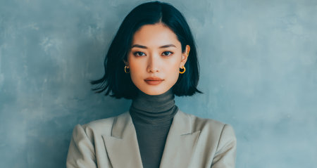 A woman with short black hair wears a turtleneck and a suit while standing against a blue wall. She looks directly at the camera with a neutral expression.の素材